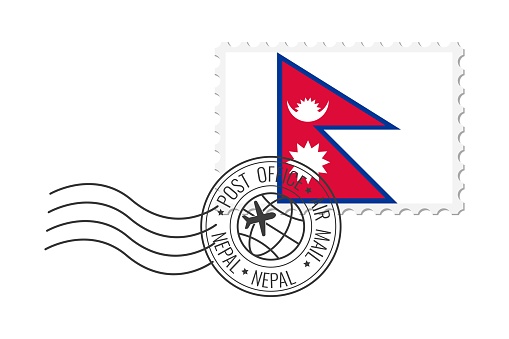 Nepal postage stamp. Postcard vector illustration with Nepali national flag isolated on white background.