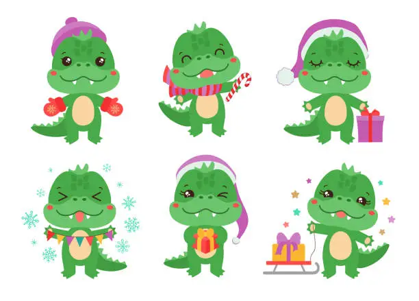 Vector illustration of Cute dragon cartoon character Christmas theme.