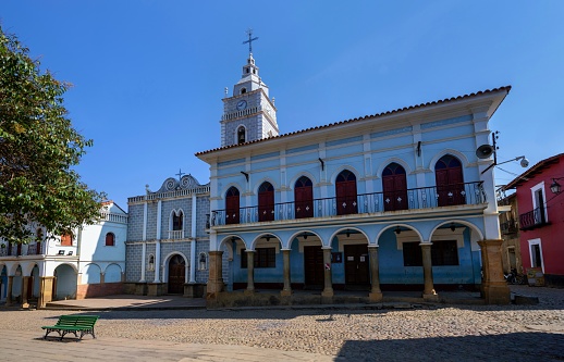 Totora, Bolivia, October 12, 2023: View of the parish church on the town square of this small town on a sunny day.