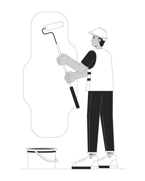 Vector illustration of Hardhat contractor painting wall black and white cartoon flat illustration