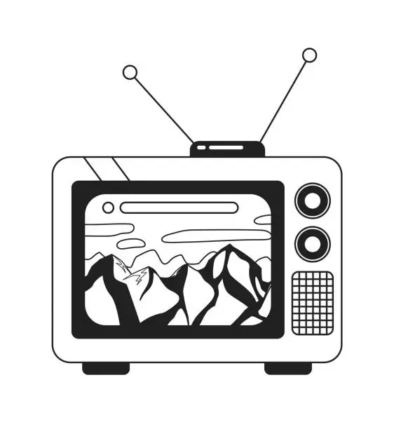 Vector illustration of Mountains rocky on 1980s tv black and white 2D cartoon object