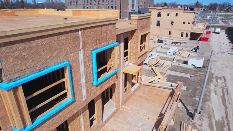 Aerial view of modern townhouse condominium building under construction in Canada, America. Wooden house with timber framing and cement basement, modern house design.