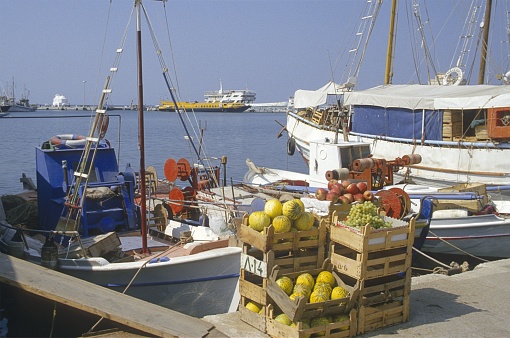 Greece, 1987. Fruit cargo in a Greek port.