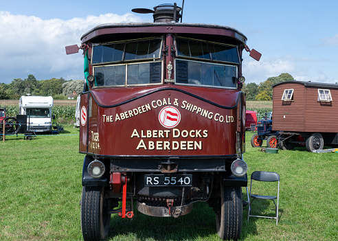 Drayton.Somerset.United Kingdom.August 18th 2023.A restored Super Sentinel steam wagon from 1924 is on show at a Yesterdays Farming event