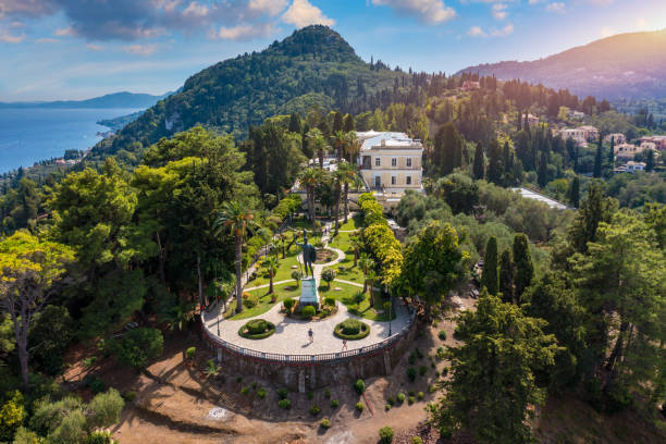 Achilleion palace in Corfu Island, Greece, built by Empress of Austria Elisabeth of Bavaria, also known as Sisi. The Achilleion palace in Corfu, Greece. Achilleion palace in Corfu Island, Greece, built by Empress of Austria Elisabeth of Bavaria, also known as Sisi. The Achilleion palace in Corfu, Greece. corfu holiday palace stock pictures, royalty-free photos & images