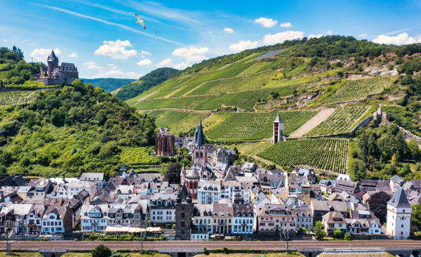 bacharach panoramic view. bacharach is a small town in rhine valley in rhineland-palatinate, germany. bacharach on rhein town, rhine river, germany. - rhine gorge imagens e fotografias de stock
