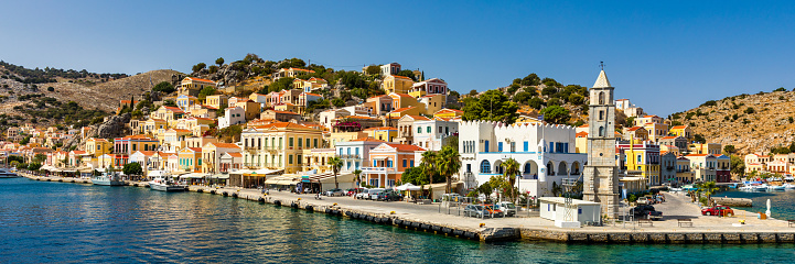 Houses and boats on the Greek island of Symi.