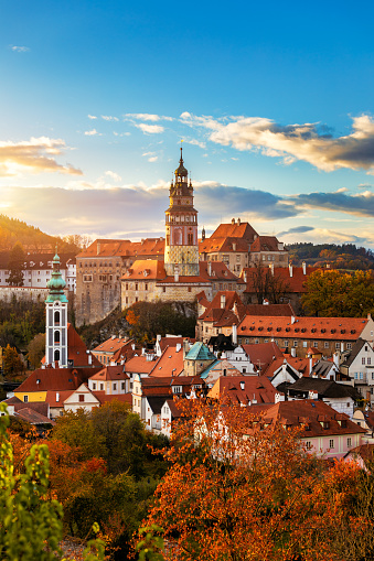 View of historical centre of Cesky Krumlov town on Vltava riverbank on autumn day overlooking medieval Castle, Czech Republic. View of old town of Cesky Krumlov, South Bohemia, Czech Republic.