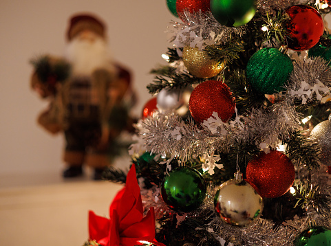 Red, Green, Gold and Silver decorations adorn this Christmas tree with Santa standing in the background