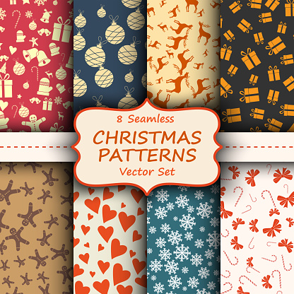 istock Merry Christmas and Happy New Years seamless vintage wallpaper set. Different holiday collections with deers, stars, snowflakes, pines, hearts, candy canes, bow robbons, gingerbread. Vector illustrations 1819136836