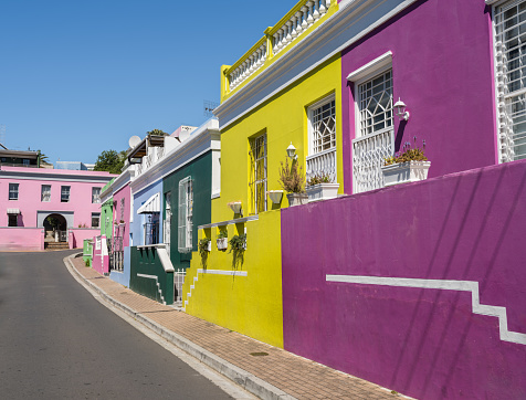 Colourful houses of Bo Kaap during a cear blue sky afternoon, Cape Town, South Africa