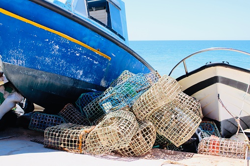 Old, blue, boat, fishing, equipment, coast, Albufeira, Portugal