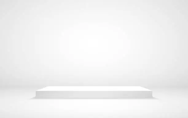 Vector illustration of White podium. Award stage mockup. Clean studio room with platform. Pedestal for displaying product. 3d podium with soft shadow. Clean scene on white background. Vector illustration