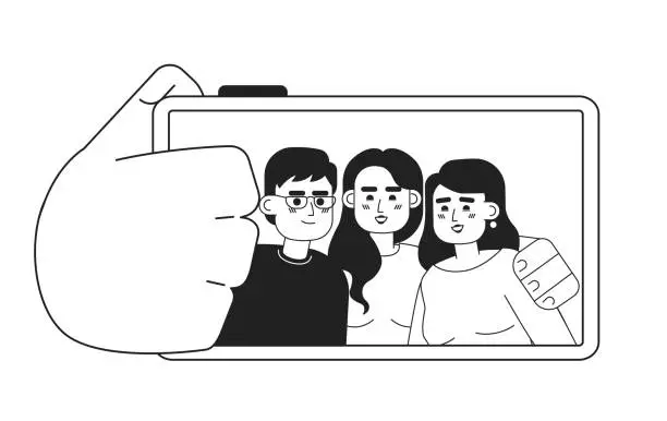 Vector illustration of Friends selfie monochromatic flat vector characters