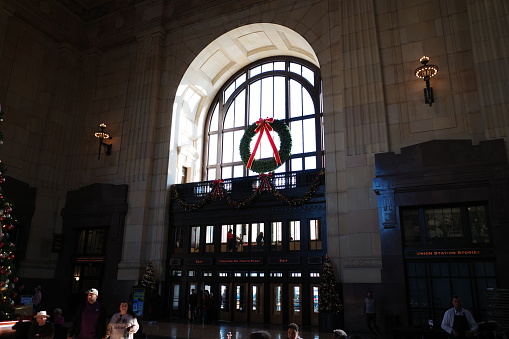 Kansas City, Missouri - November 26, 2023: Union Station on a snowy Fall day before Christmas