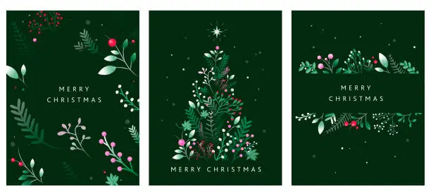 Vector illustration of Set of Merry Christmas Greeting card design template in dark green with Christmas Tree shape made from hand drawn branches and florals
