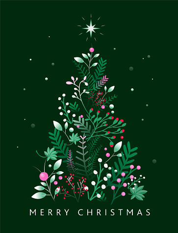 Vector illustration of Merry Christmas card design template in dark green with hand drawn branches and florals. Includes Christmas Tree shape. Invitation card design with blue and red branches and berries on a rich dark green background. Easy to customize. Download includes vector eps and high resolution jpg.