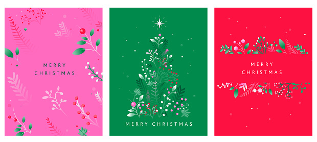 Vector illustration of a set of Merry Christmas card design template in vibrant colors with hand drawn branches and florals. Includes Christmas Tree shape. Invitation card design with green and red branches and berries on vibrant backgrounds. Easy to customize. Download includes vector eps and high resolution jpg.
