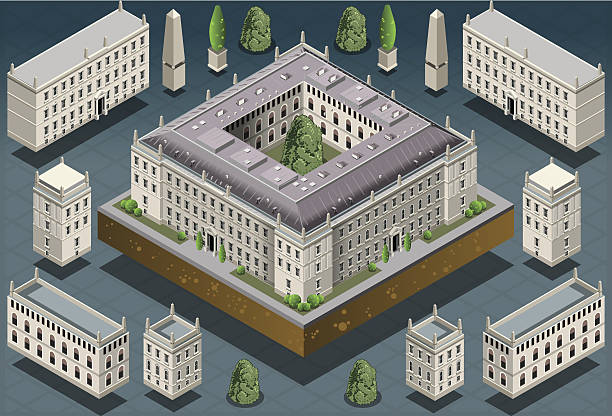 Isometric European historic building vector art illustration