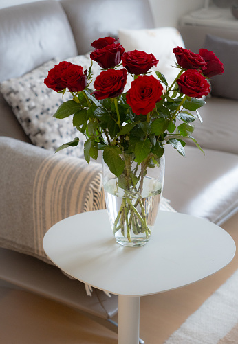 Cozy ambience: bouquet of red roses in a glass vase on a small table in front of a beige couch with cushions