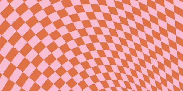 Vector illustration of Psychedelic checkerboard, retro groovy background, funky wavy pattern, y2k print. Abstract vintage checkered wallpaper. Geometric vector