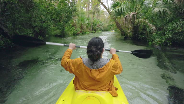Lady Kayaking through a Jungle Spring River - High Angle - Florida Freshwater River Springs