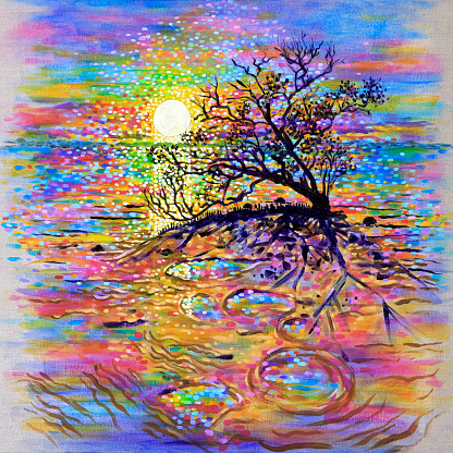 An old Mangrove tree silhouetted against a rising sun with reflections in sea water and puddles. A colorful seascape painting by Judi Parkinson.