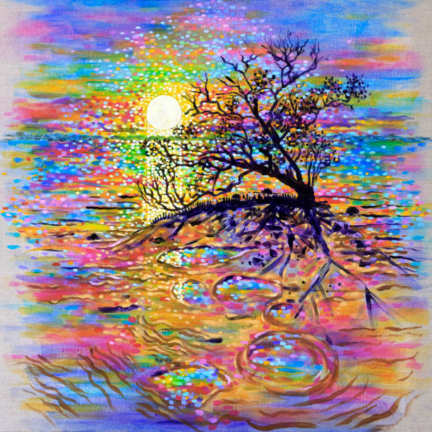 Old Mangrove Tree Silhouetted Against Sunrise Seascape Original Painting vector art illustration
