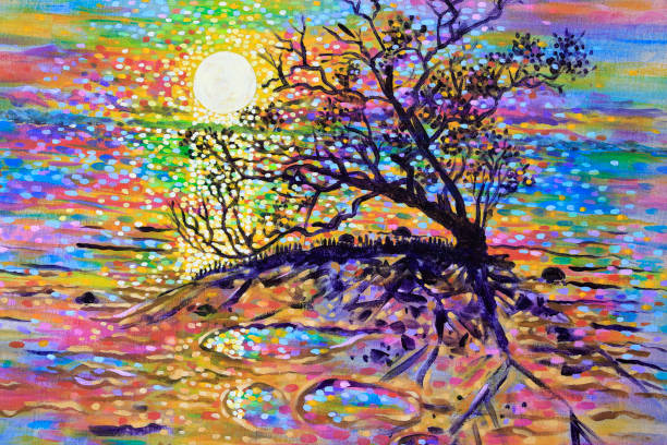 istock Old Mangrove Tree Silhouetted Against Sunrise Seascape Original Painting 1819264860