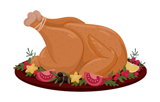 Christmas turkey. Holiday dinner dish, food, baked turkey or chicken with vegetable and rosemary flat vector illustration. Festive xmas food