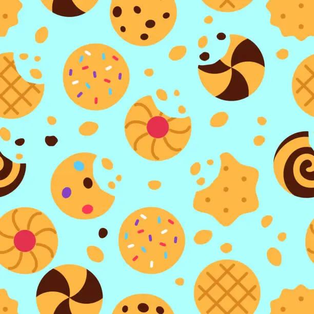 Vector illustration of Cookies seamless pattern on blue background. Snack food repeat tile design. Tasty baked broken biscuits with crumb missing bite wallpaper. Crispy treat. Wrapping paper creative vector illustration.