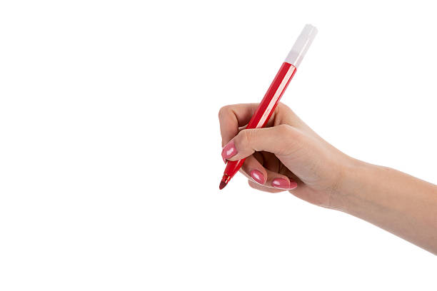 istock Hand writing with red pencil isolated on white background 181928144