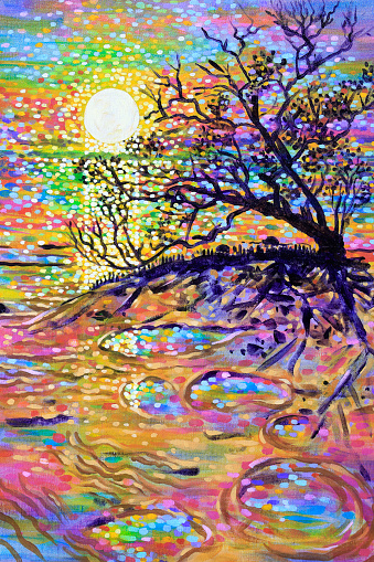An old Mangrove tree silhouetted against a rising sun with reflections in sea water and puddles. Close-up of a larger colorful seascape painting by Judi Parkinson.