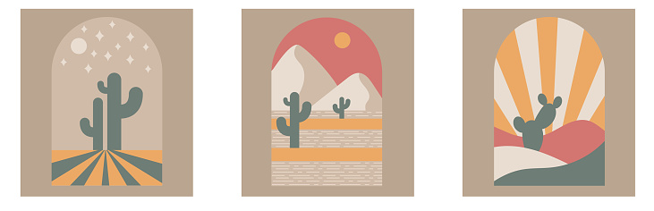 Boho boho logo cactus set in minimal style. Landscape, cactus logo design templates in boho color, geometric abstract design for decoration