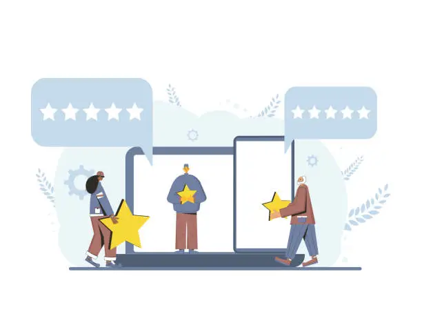 Vector illustration of Feedback concept. People with stars in their hands