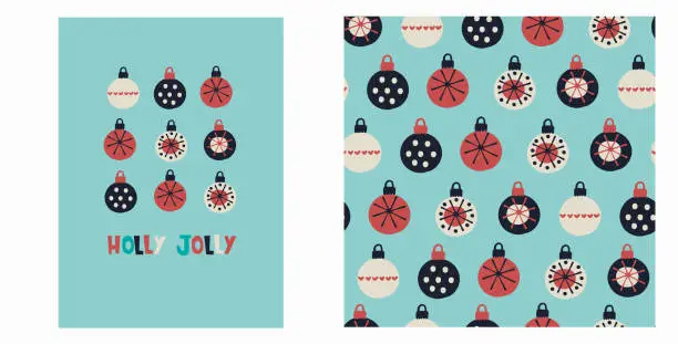 Vector illustration of Christmas and New Year set with greeting card and seamless pattern for wrapping