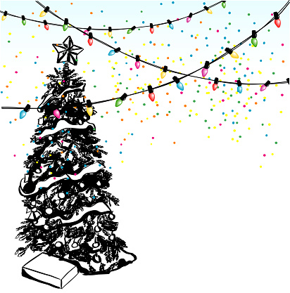Christmas holiday background with lights and Christmas tree and confetti falling