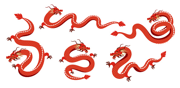 Red Dragon illustrations collection. Chinese new year 2024 year of the dragon - red traditional Chinese vector designs with dragons. Lunar new year concept, modern design