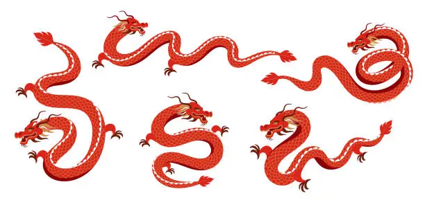 Vector illustration of Red Dragon illustrations collection. Chinese new year 2024 year of the dragon - red traditional Chinese designs with dragons. Lunar new year concept, modern design