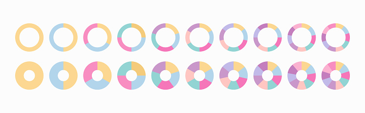 Piechart with section and slices. Set circle graph schemes with sectors. Circular colored structure chart template. Ring segments divided into multicolor segments. Pie diagram. Vector illustration