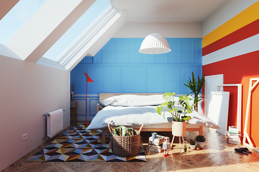 Colourful loft apartment bedroom. 3D generated image.