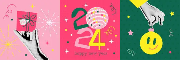 Vector illustration of 90s vintage set of Happy new year 2024 design. Hands holding New Year's toy and gift box. Colorful halftone collage style vector illustrations. Vector design for poster, banner, greeting cards