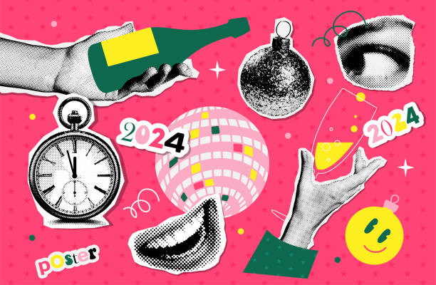Vintage Christmas and New year halftone collage stickers and elements set. Torn out of magazine shapes, champagne bottle, xmas tree bauble, female hands, eye, smiling mouth, clock. Vector illustration Vintage Christmas and New year halftone collage stickers and elements set. Torn out of magazine shapes, champagne bottle, xmas bauble, female hands, eye, smiling mouth, clock. Vector illustration. 2024 30 stock illustrations