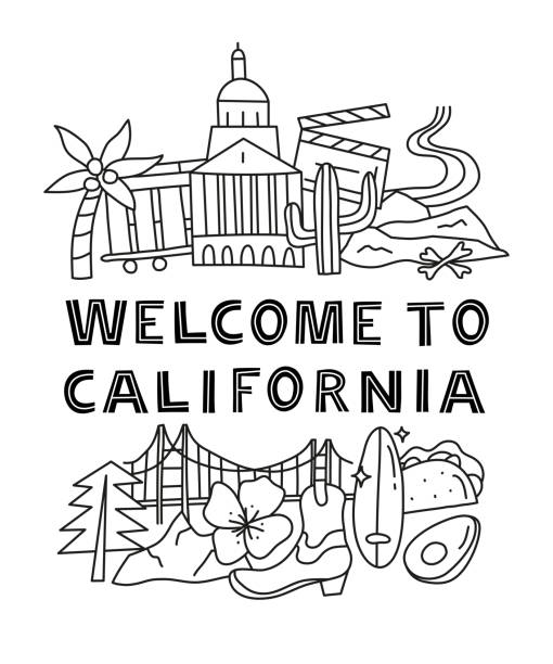 カリフォルニア州の国のランドマークとアトラクションが記載されたポスター。 - san francisco county cable car golden gate bridge symbol点のイラスト素材／クリップアート素材／マンガ素材／アイコン素材