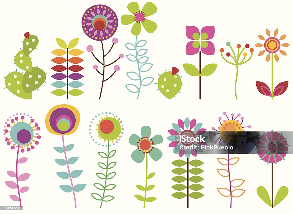 Vector Collection of Funky Retro Stylized Flowers Vector Collection of Funky Retro Stylized Flowers. No transparencies or gradients used. Large JPG included. Each flower is individually grouped for easy editing. Flower stock vector