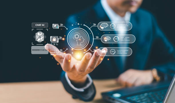 istock Businessman show robot virtual graphic Global Internet web connect Command prompt, Chat AI cpu for developer business. Artificial Intelligence computer technology transformation. Ai bot tech concept 1819394253