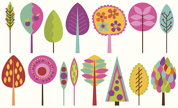 Vector Collection of Funky Retro Stylized Trees Vector Collection of Funky Retro Stylized Flowers. No transparencies or gradients used. Large JPG included. Each tree is individually grouped for easy editing. girl silouette forest illustration stock illustrations