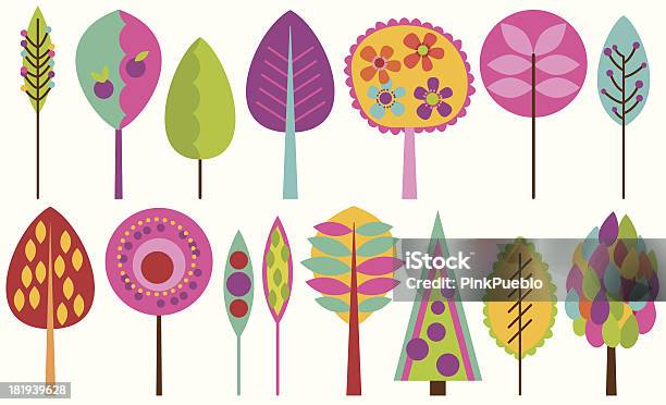 Vector Collection Of Funky Retro Stylized Trees Stock Illustration - Download Image Now - Forest, Flowerbed, Animal