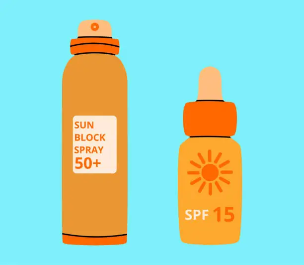 Vector illustration of Sun spray. Cartoon SPF lotion. Beach sunblock beauty cosmetic. Summer skin care moisturizing cream. Sprayer and dropper jar. Sunlight protection moisturizer. Vector orange plastic bottles