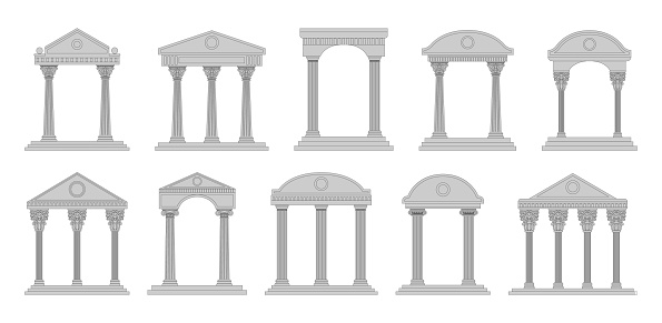 Greek and roman temples. Ancient pillars, line architecture buildings, pediment with Doric columns, building facade with carved stone white colonnade decoration. Vector tidy isolated illustration set